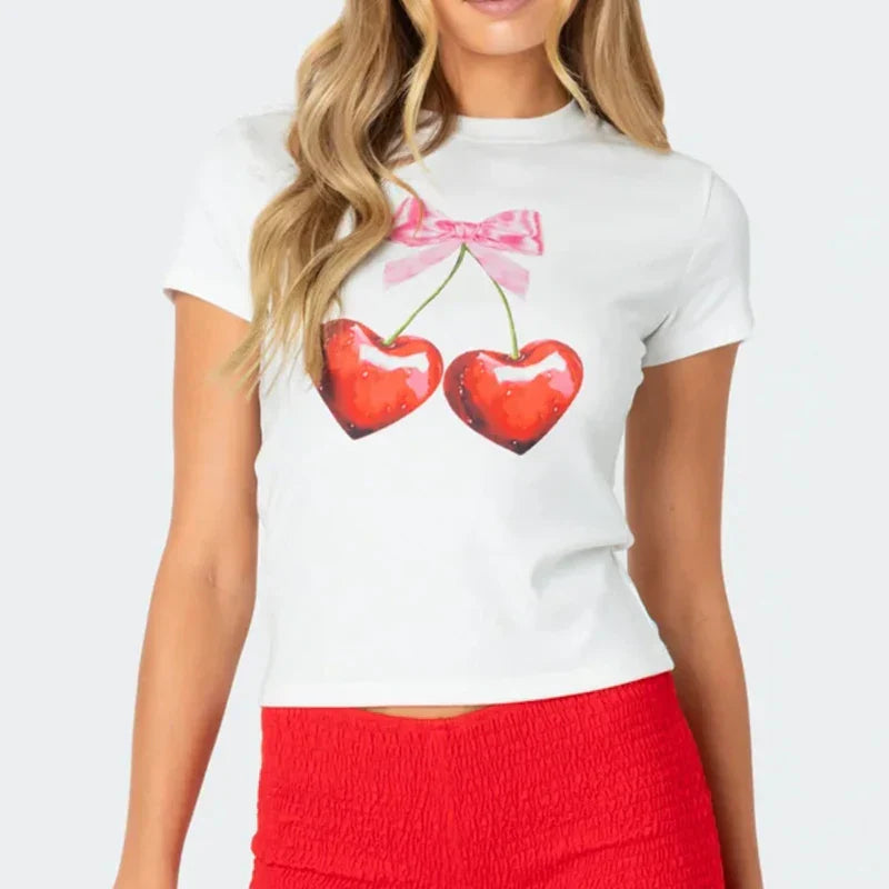 qgtao Y2k Tshirt Grunge Baby Tee Aesthetic Cherry Print Casual Vintage Streetwear Short Sleeve Crop Top Clothes Gothic Slim T-shirts