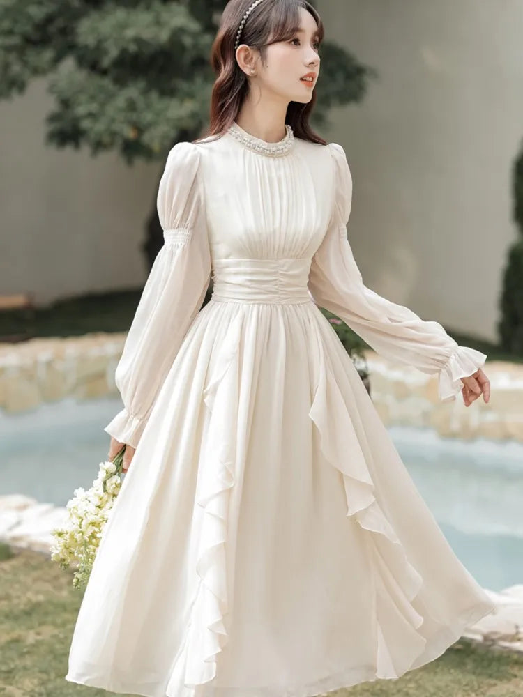 qgtao Autumn Chiffon Midi Dresses for Women O-neck Bow Flare Sleeve High Waist Ruffles A-line Princess Party Dress Vestidos Mujer New