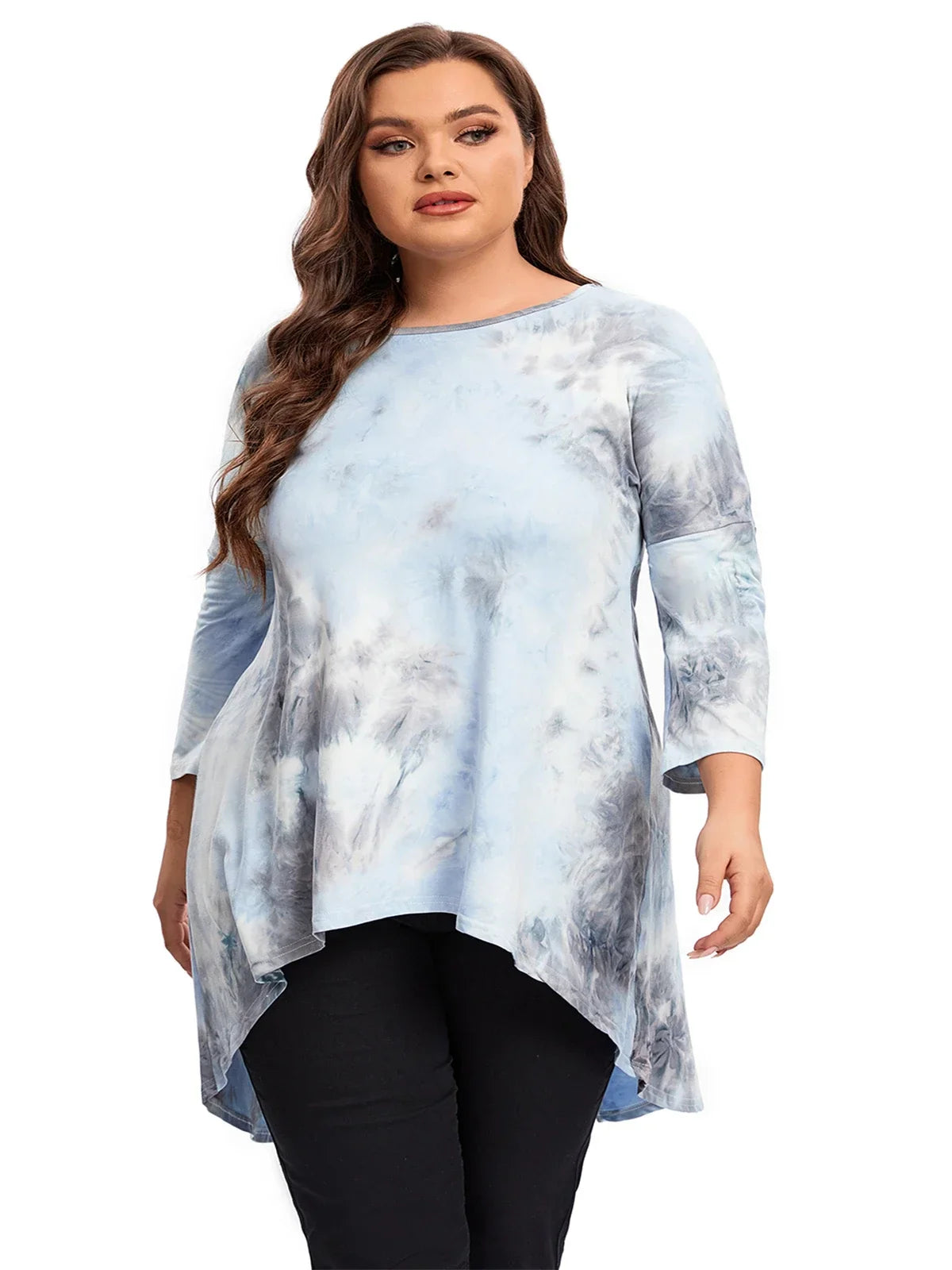 qgtao Plus Size Long Sleeve Elegant Tie Dye Tunic Tops Long Loose Autumn Hi Low Swing Blouse T-shirt Plus Size Clothing Women 6XL 7XL