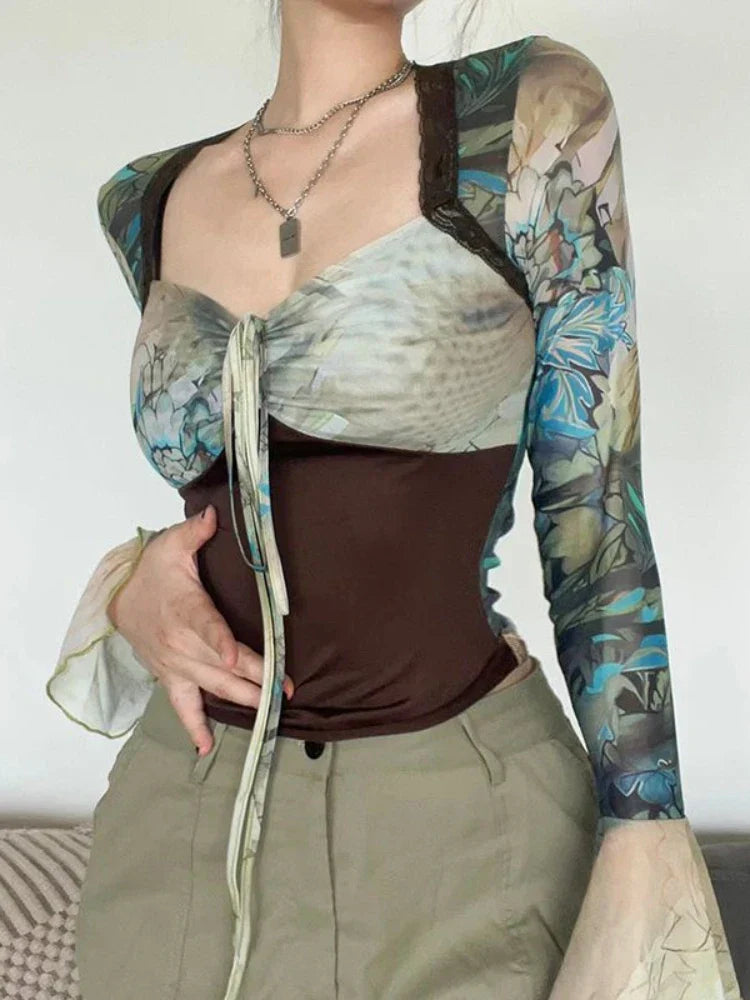 qgtao Y2k Vintage Tie Dye Printed Patchwork Square Neck T-shirt Flare Sleeve Slim Fit Streetwear Spring Autumn Shirts 2024.