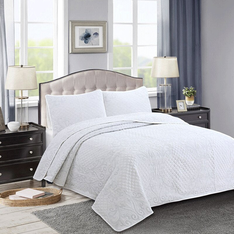 Yeknu Double Cover Embroidered Pure White 3 Piece Quilted Quilt Pillowcase Free Shipping len?ol de cama casal