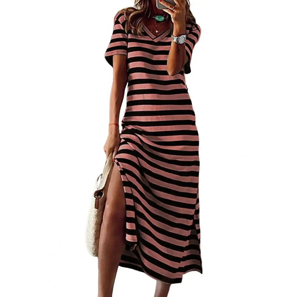 qgtao Summer Dresses 2024 Woman Plus Size Dresses For Women Casual Stripe Print V-neck Short Sleeve Loose Long Dress Robe Femme