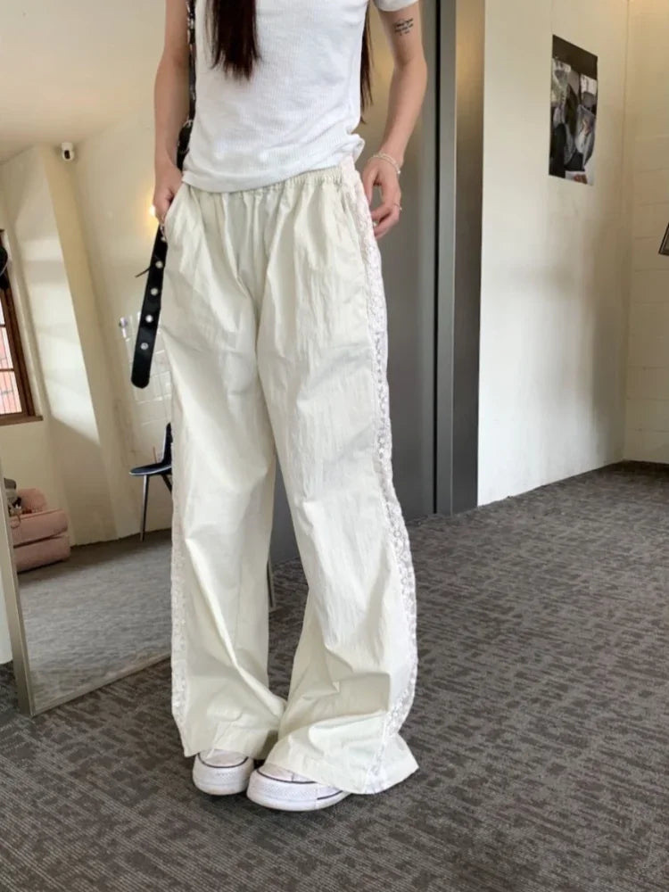 qgtao - Beige Striped Wide Leg Pants for Women Lace Patchwork Straight Trouser Elastic Waist Summer Fashion Casual Bottoms Mujer