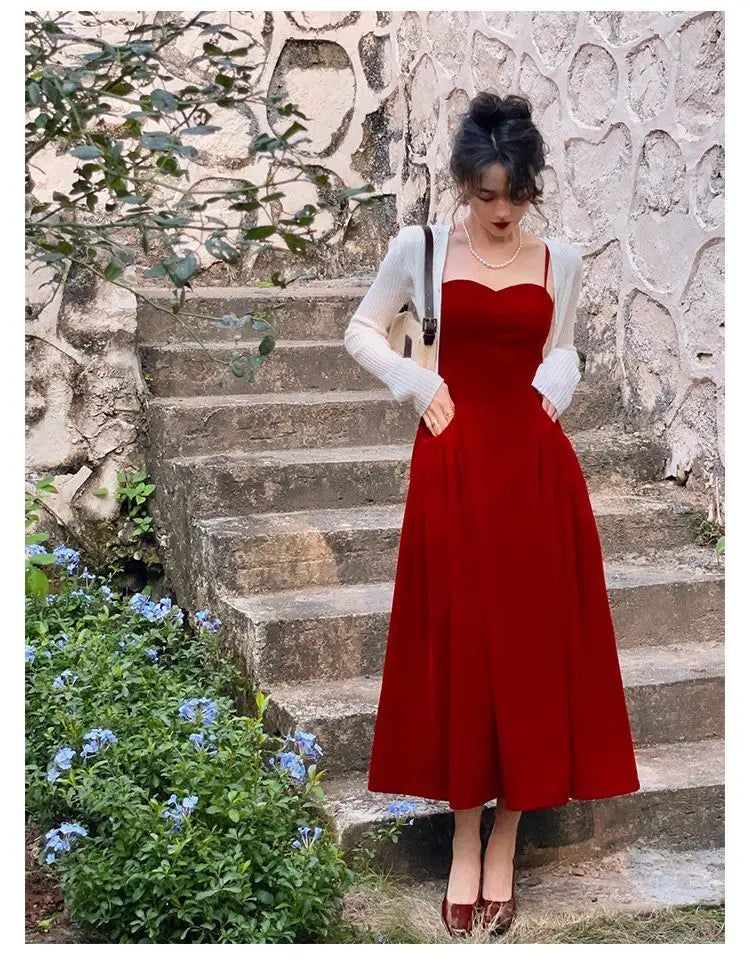 qgtao 2024 Summer French Vintage Strap Dress Women Red Elegent Korean Party Midi Dress Female Sexy Backless Evening Beach Fairy Dress