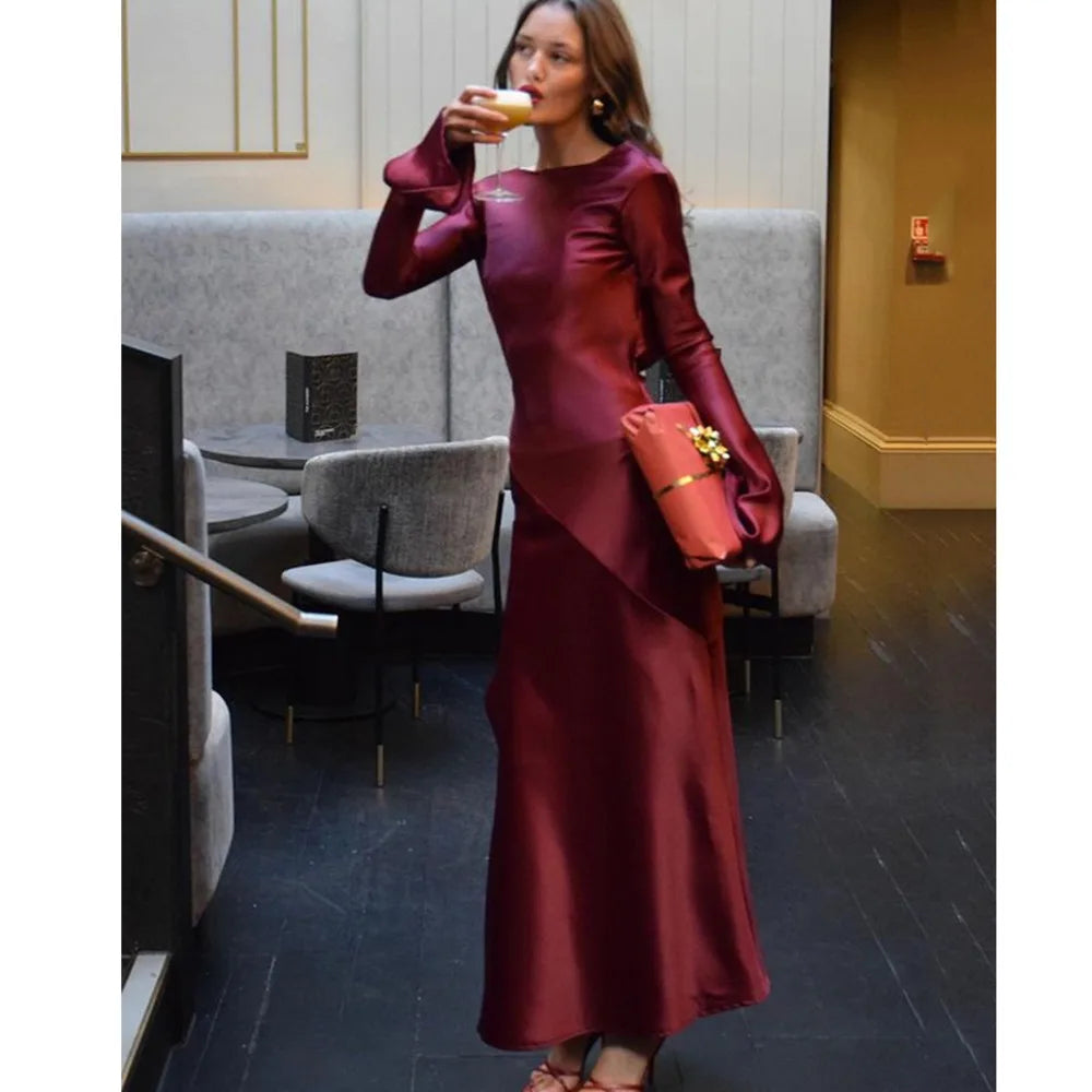 Elegant Christmas Evening Dress Women Long Sleeve Dress Bodycon Max Female Vestidos High Grade Satin Party Club Clothing
