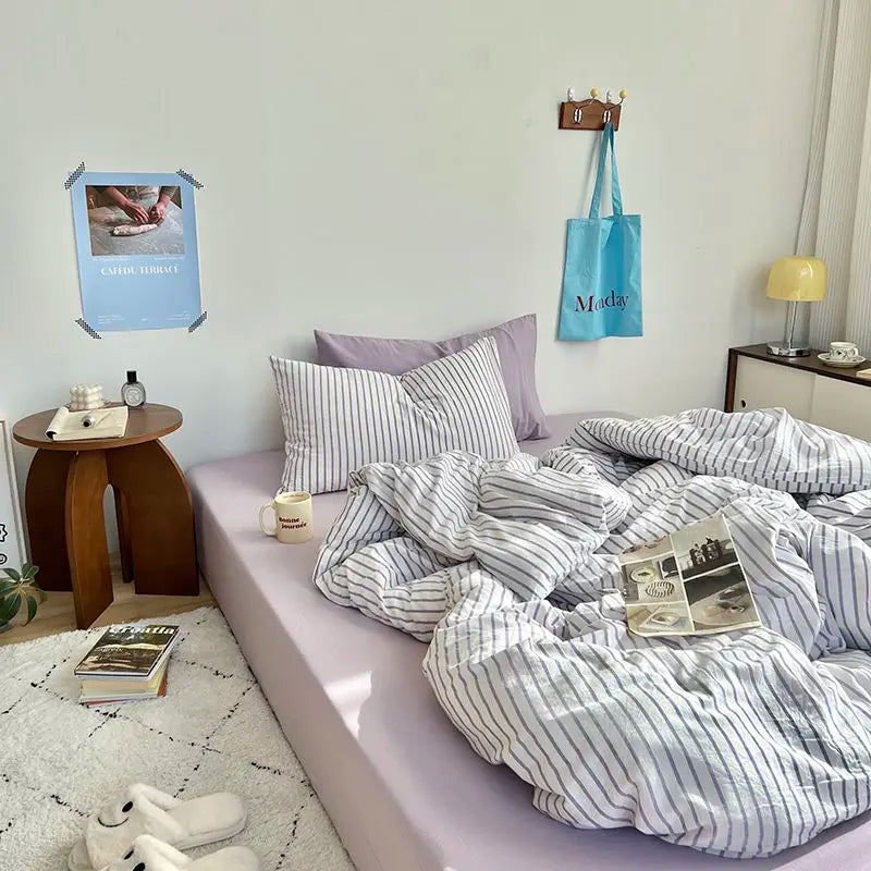 Yeknu Ins Style Bedding Set Duvet Cover Wash Cotton Stripe Summer Soft Cool Summer Bed Sheet Set Comforter Set Quilt Cover