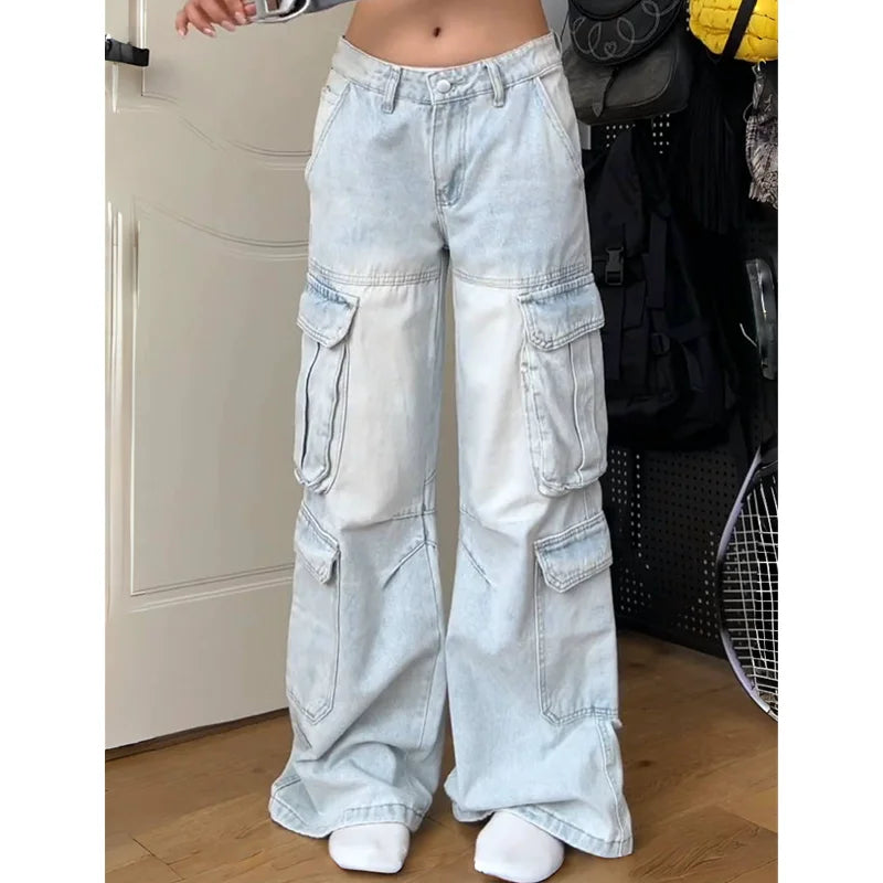 qgtao - Womens Jeans High Waist Baggy Vintage Multiple Pockets Straight Hip Hop Y2K Pants Streetwear American Wide Leg Denim Trouser