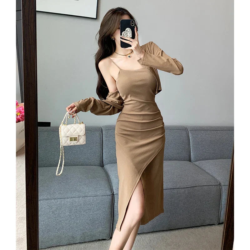qgtao-New Autumn Fashion Solid Women Midi Dress with Long Sleeved Cardigan Elegant Chic Vintage Office Lady Slim Dresses Korean