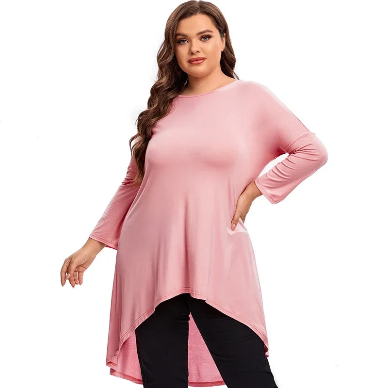 qgtao Plus Size Long Sleeve Elegant Tunic Blouse Women Long Hi Low Fit Flare Spring Autumn Swing Tops T Shirt Large Size Clothing 7XL