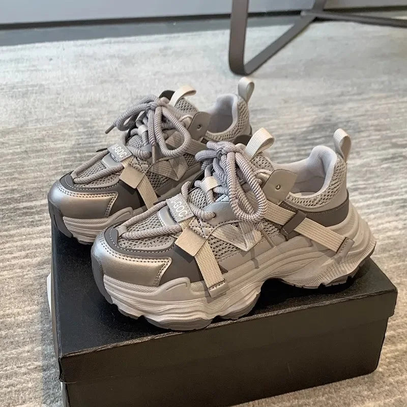qgtao Women's Chunky Sneakers Spring Breathable Mesh Platform Sports Shoes Woman Fashion Lace Up Thick Sole Casual Shoes Mujer