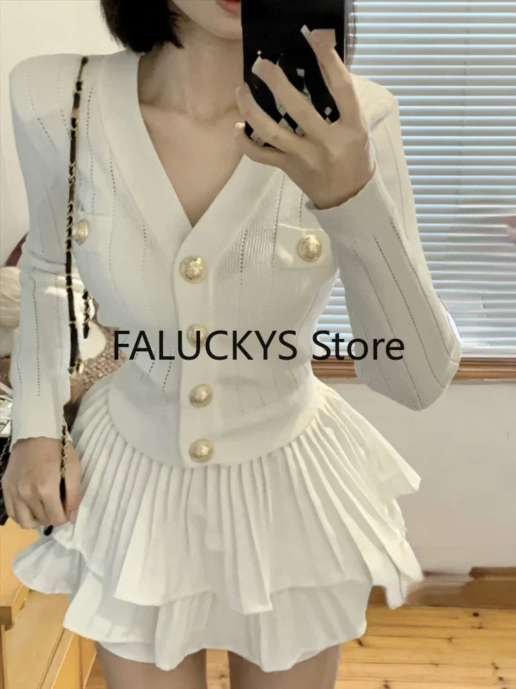 qgtao Elegant Dress 2 Piece Skirt Set Office Lady Casual French Knitted Top + Women Party Sexy Mini Skirt Korean Fashion Autumn 2024