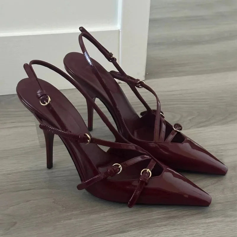 qgtao 2024 Summer New High Heels, Women's Sexy Hollow Black Silk Pointed One-line Buckle Skinny Heel Sandals, Women's Shoes