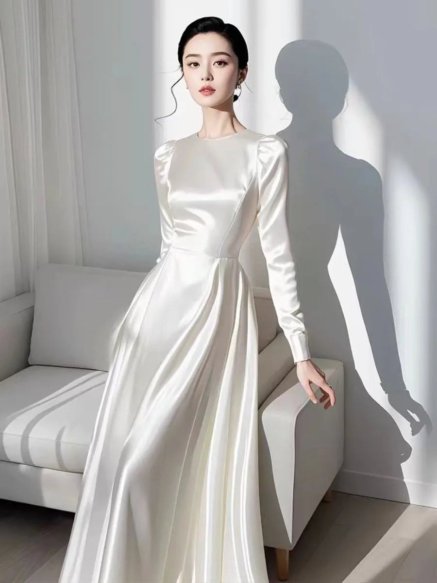 qgtao 2024 Autumn Elegant Satin Women's Long Sleeve Dress Round Neck White French Midi Skirt Women's A-Line Evening dresses N1013-1