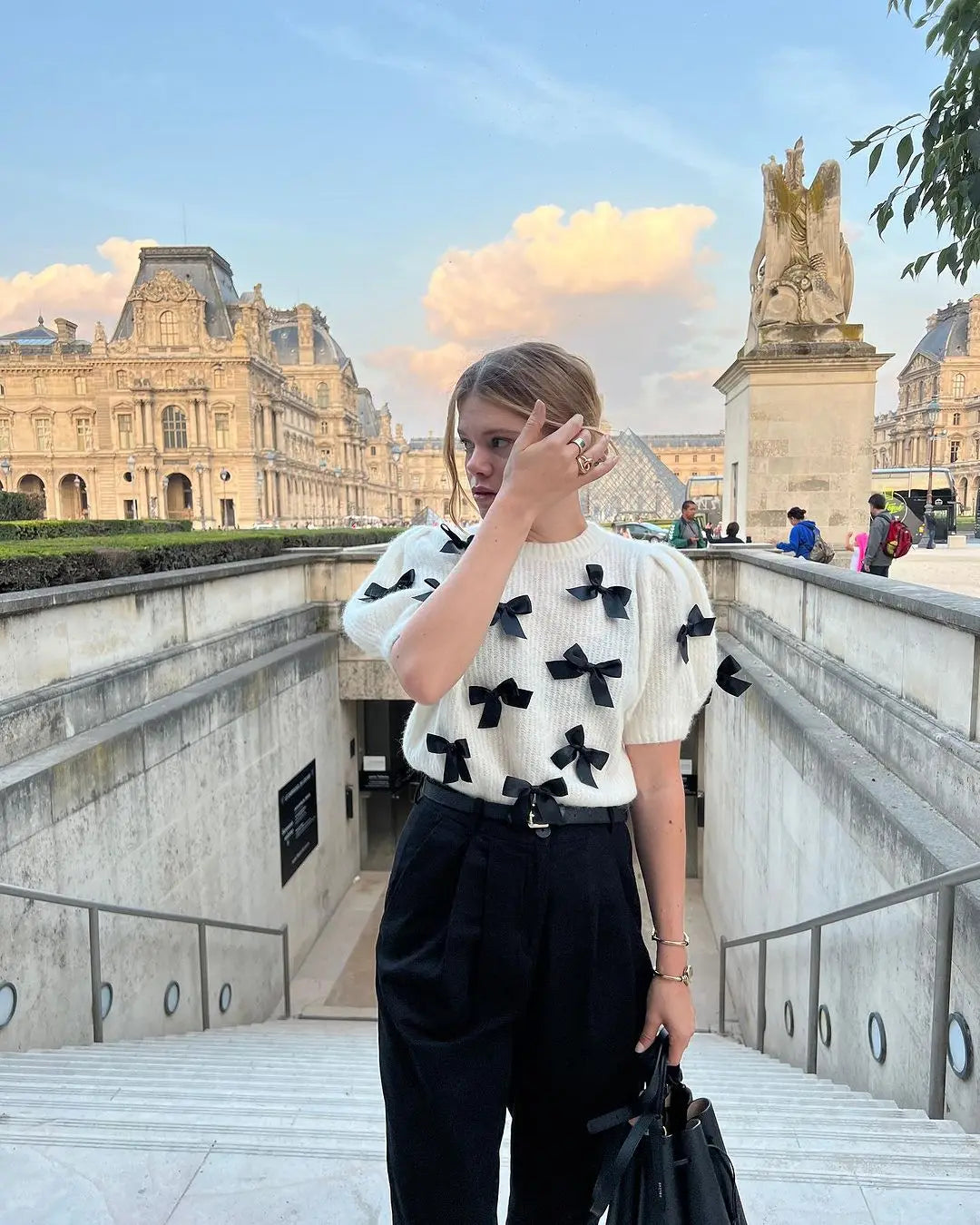 qgtao - Elegant Puff Short Sleeve 3d Bow White Knit Sweater Women Fashion O-neck Pullover 2024 New Lady Out Streetwear Sweaters Tops