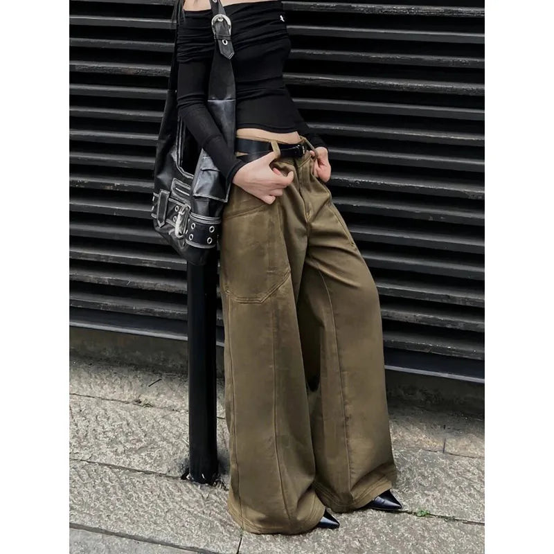 qgtao - Women's Brown Y2k Low Rise Jeans Harajuku Denim Trousers Streetwear Y2k Baggy Jean Pants Vintage 90s Aesthetic 2000s Clothes
