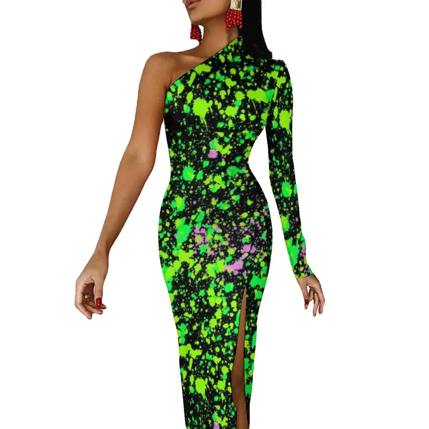 Neon Paint Long Dress Women Graffiti Splatter Print Party Maxi Dress Summer Long Sleeve Sexy Bodycon Dresses Side Split Clothes