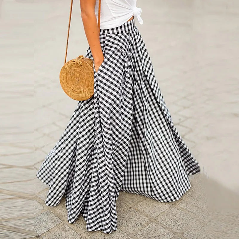 Fashion Plaid Skirt Women Boho Long Dress Summer Elegant Sexy Elastic Aline Skirt Lady Casual Loose High Waist Skirt With Pocket