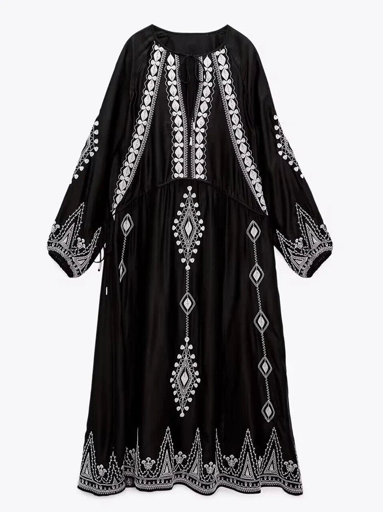 qgtao Vintage Floral Embroidery Maxi Dresses Cotton Black Long Sleeve V-neck Spring Autumn Women Holiday Ladies Dress New