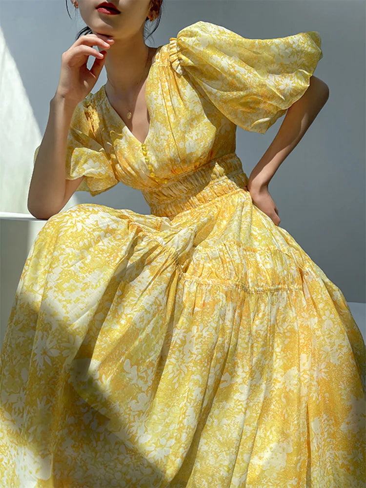 French Floral Printed Puff Sleeve Beading Midi Dress Women V Neck Elegant Slim Waist Party Dresses Fashion Summer