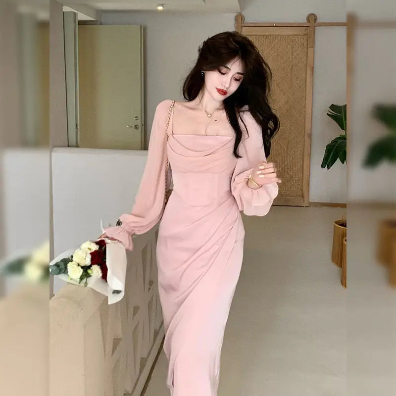 qgtao 2024 Autumn Solid Elegant Fairy Dresses Women Casual Party Fashion Korean One Piece Dress Female Lace Vintage Chic Midi Dresses