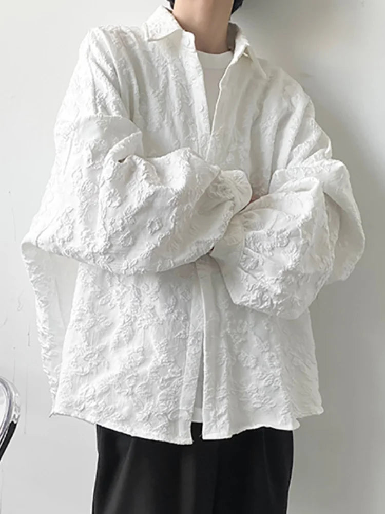 qgtao Oversized Shirt Women White Jacquard Long Sleeve Top Spring Chic Single Breasted Blouse Female Casual Loose Solid Color