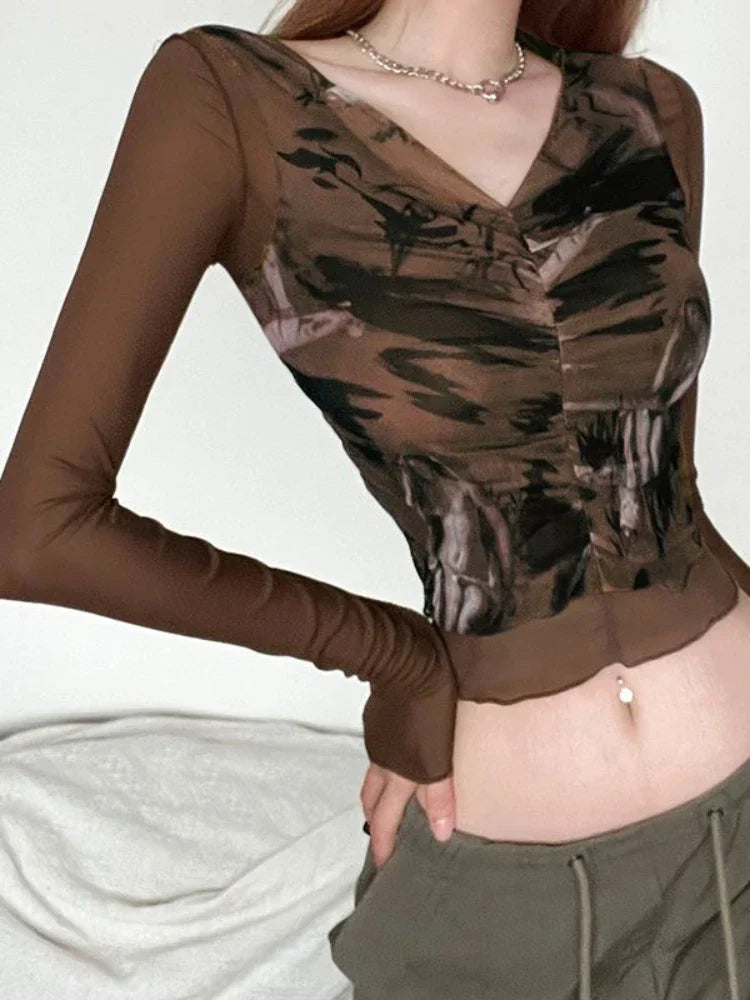 qgtao Y2k Vintage Mesh Patchwork Folds Printed V-neck T-shirt Long Sleeve Sexy Grunge Crop Tops Summer Fashion Tees 2024.