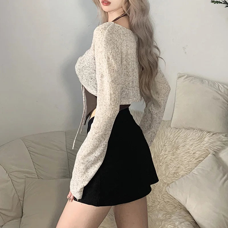 qgtao Sexy T-shirts Women Summer Solid Halter And Transparent Lace Up Two-Piece Top Female Fashion Long Sleeve T-shirt Y2k Street wear
