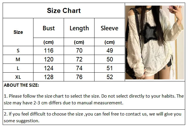 qgtao Y2K T Shirt Women Harajuku Long Sleeve Tops Ladies Oversized Vintage Hole Star T-Shirts Female Punk Graphic Off Shoulder Tees