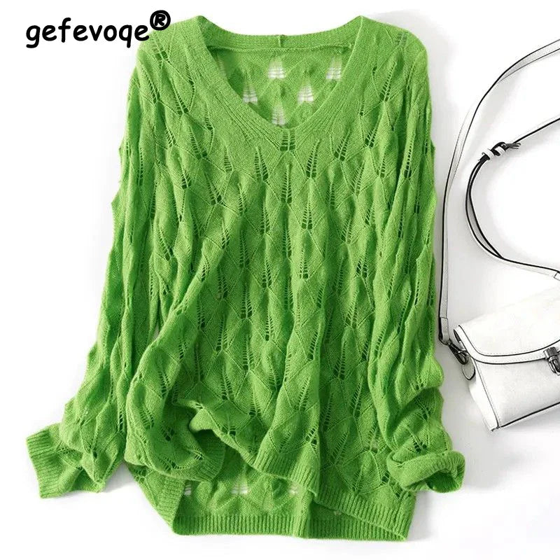 Women's Summer Oversized Sexy Hollow Cover-up Thin Knitted Sweaters Trendy Casual Solid V Neck Long Sleeve Crochet Pullover Tops
