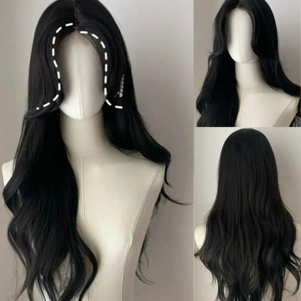 qgtao - Ningning‘s hair Long Black Wig for Women Big Wave Curly Hair Headband Wigs with Eight Bangs Small Lace Front Natural Lolita Wigs
