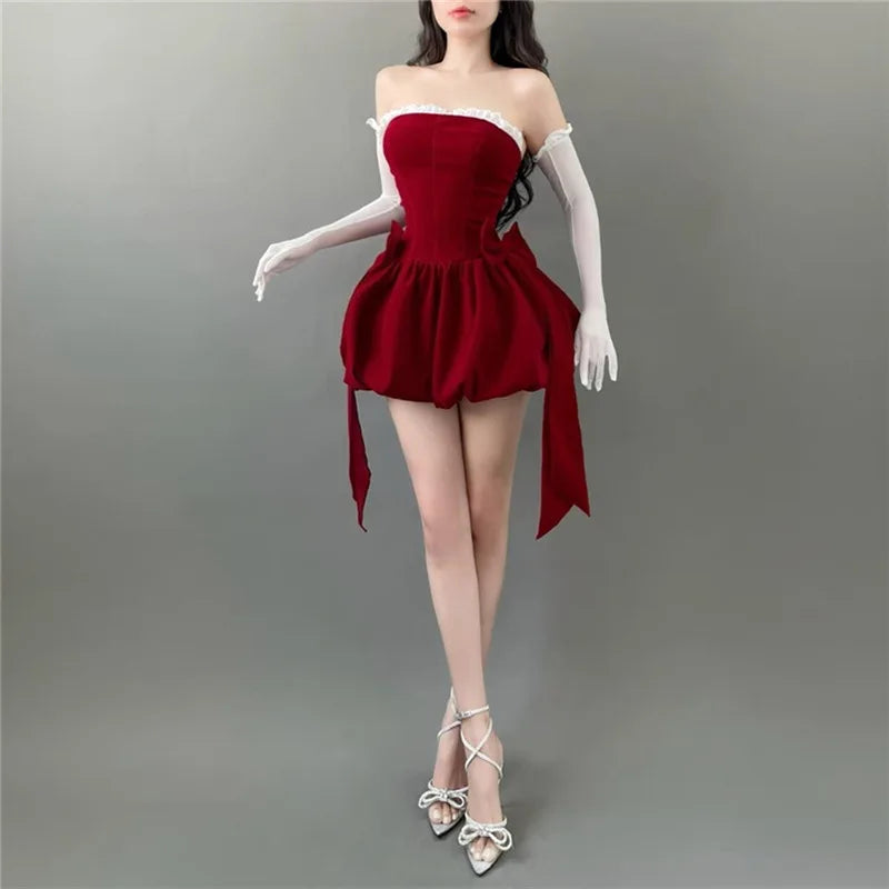 Sexy Bow Strapless Dresses Summer Women's Dress 2024 New Lace Slash Neck Solid Skinny High Waist Wrapped Chest Mini Dress Women
