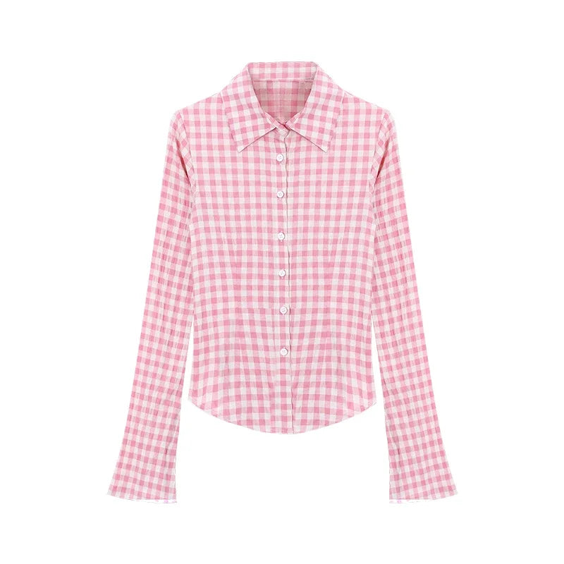 qgtao - Y2k Pink Plaid Women Shirts Check Graphic Long Sleeve Blouses Female Spring Autumn Sexy Slim Button Up Cardigan Chic Ins