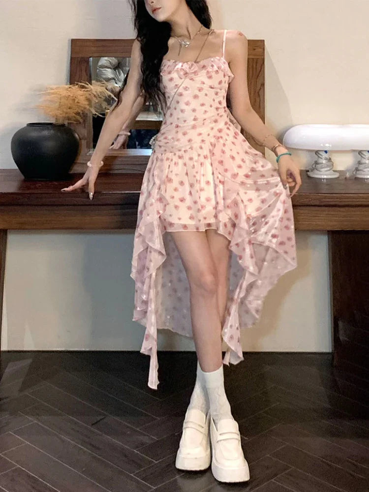 qgtao Autumn Korean Floral Midi Dress Women Sweet Chic Irregular Printing Fairy Strap Dress Fashion Princess Evening Party Dress 2024
