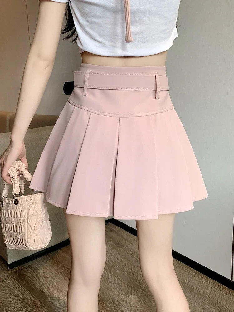 qgtao Japan Sweet Belt White Pleated Skirt Women Sexy High Waist Mini Skirt Summer Preppy Style Female Casual A Line Pink Skirt
