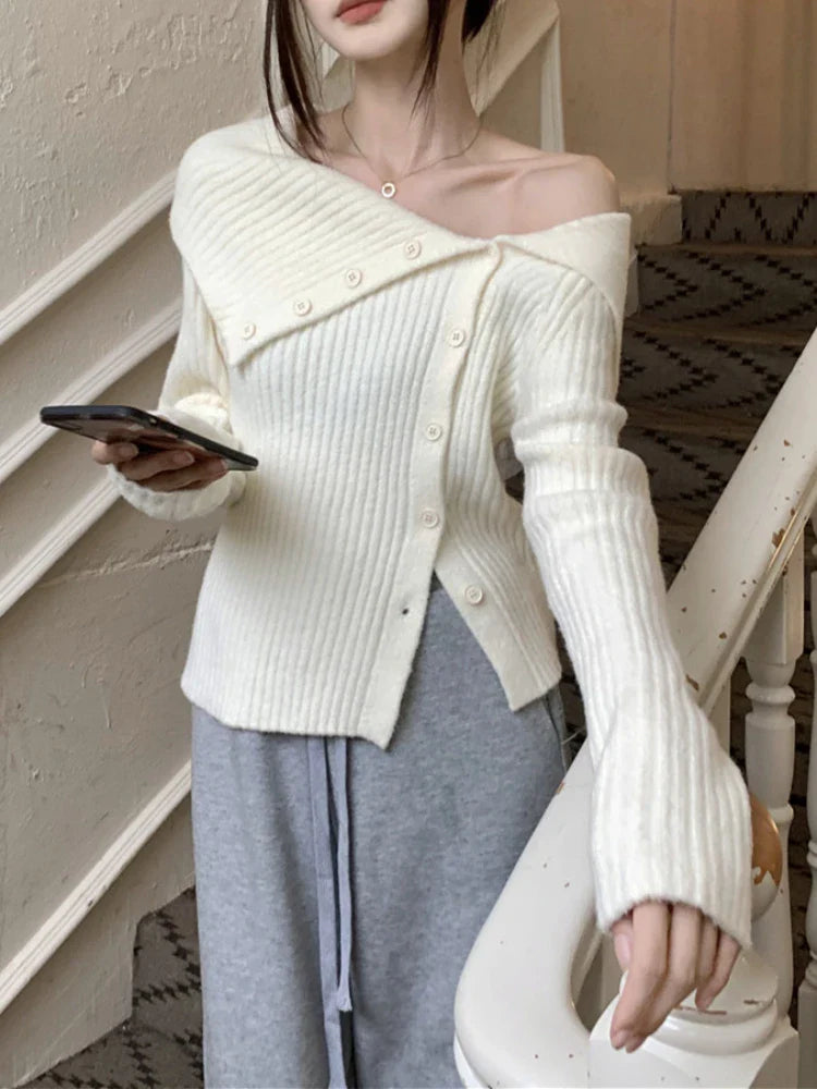 UCXQ Winter Women's Sweater 2024 New Versatile Sexy Coats Solid Irregular Off Shoulder Knitted Cardigan French Retro Knitwears