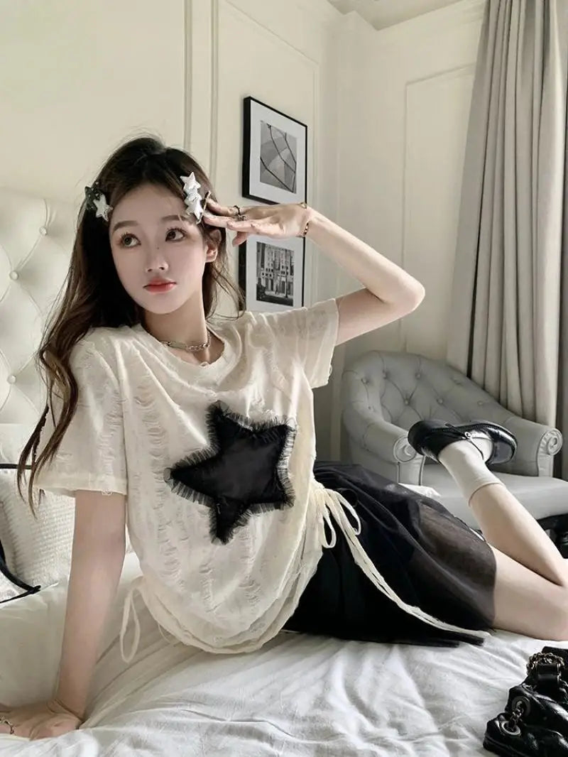 qgtao Y2K T Shirts Women Summer Short Sleeve Top Female Harajuku Fashion Star Print Tee Ladies Vintage Hotsweet Drawstring Camisetas