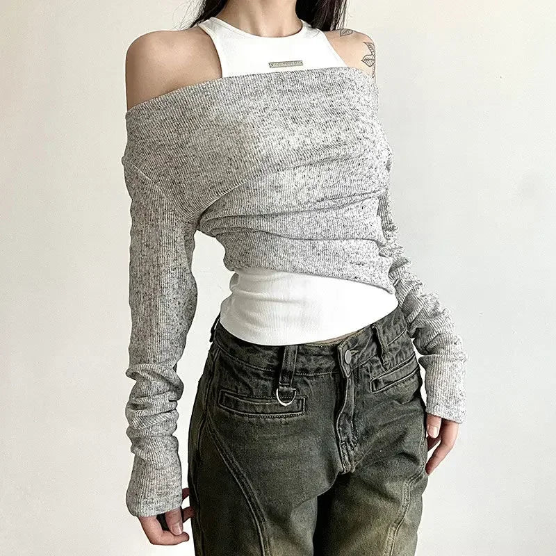 HOUZHOU Two Pieces Set Women Long Sleeve T-shirts Grunge Y2k Aesthetic Vintage Streetwear Solid Crop Top+Bottoming Tanks Fashion