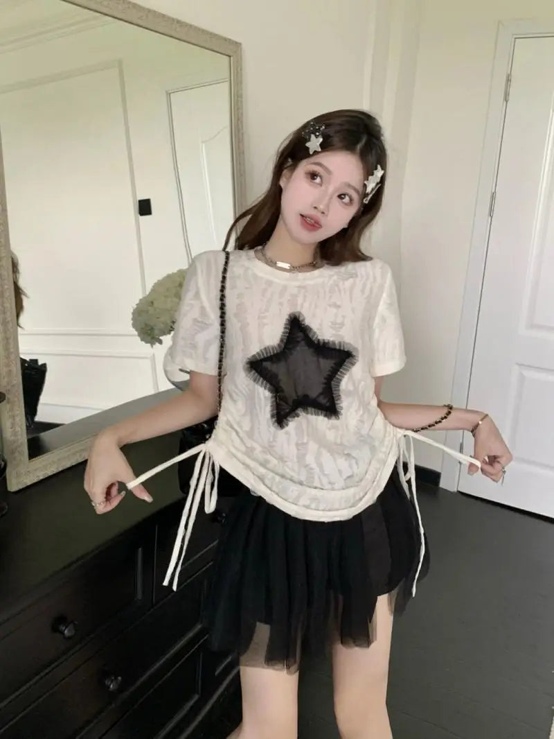 qgtao Y2K T Shirts Women Summer Short Sleeve Top Female Harajuku Fashion Star Print Tee Ladies Vintage Hotsweet Drawstring Camisetas