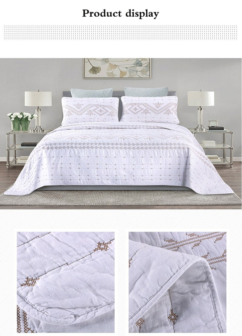 Yeknu Double Bed Cover Geometric Embroidery Plain 3 Piece Quilted Quilt Pillowcase Free Shipping
