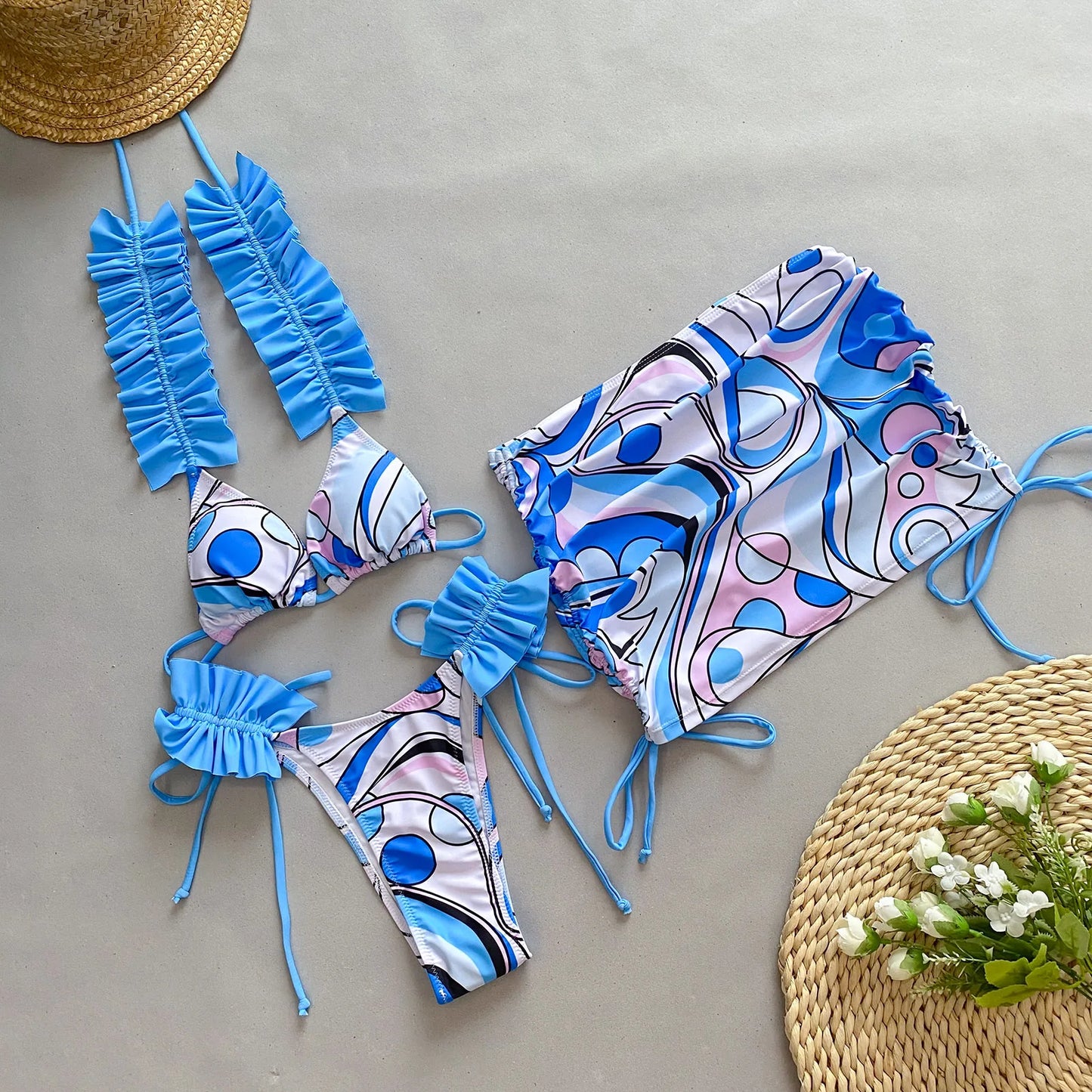 qgtao 3 Piece Bikini Women Swimsuits 2024 Female Swimwear Beachwear Swimming Suit Bathing Suit Bikini Set Floral Skirt Sarong Biquini
