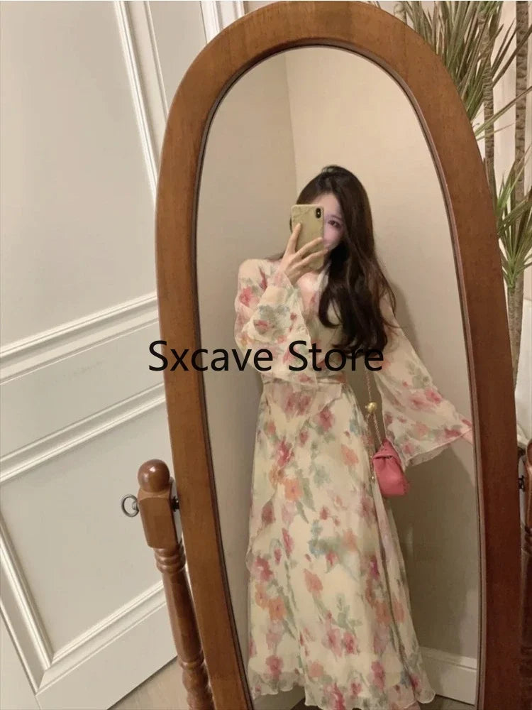 qgtao French Sweet Floral Midi Dress Women 2024 Summer Design Elegant Vintage Dress Office Lady Even Party Chiffon Dress Korea Fashion