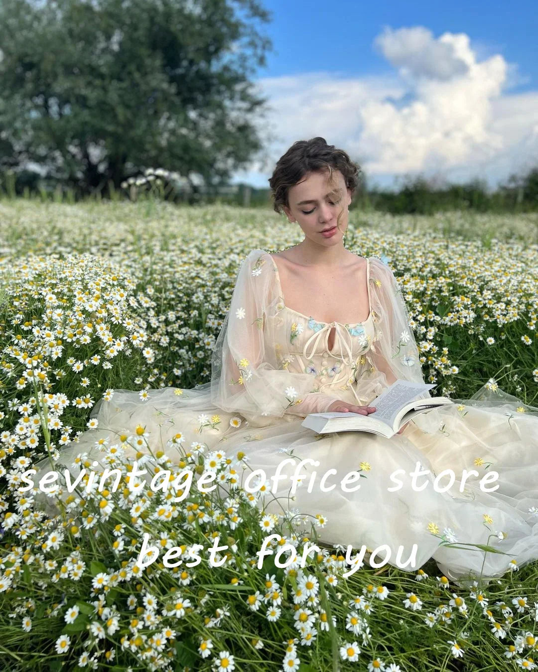 qgtao vintage Embroidery Lace Appliques Butterfly Tulle Long Prom Dresses Puff Sleeves A-Line Evening Gowns Formal Party Dress 2022