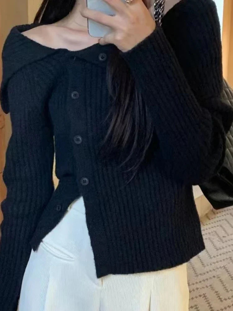 UCXQ Winter Women's Sweater 2024 New Versatile Sexy Coats Solid Irregular Off Shoulder Knitted Cardigan French Retro Knitwears