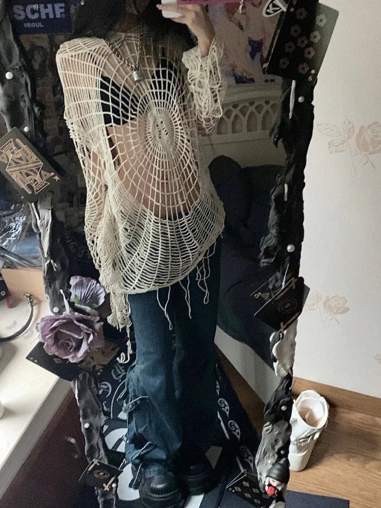 qgtao - Y2k Hollow Out Knit Hoodies Women Spider Web Hole Crochet Top Punk Grunge E-Girl Pullover Streetwear Goth Mesh Clothes