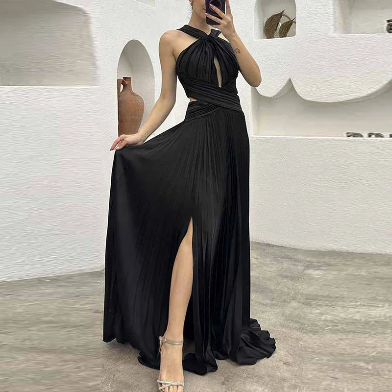 qgtao Fashion Banquet Halter Hollow Out Party Dress Women Temperament High Waist Slim Maxi Dress Elegant Sexy Pleated Slit Long Dress