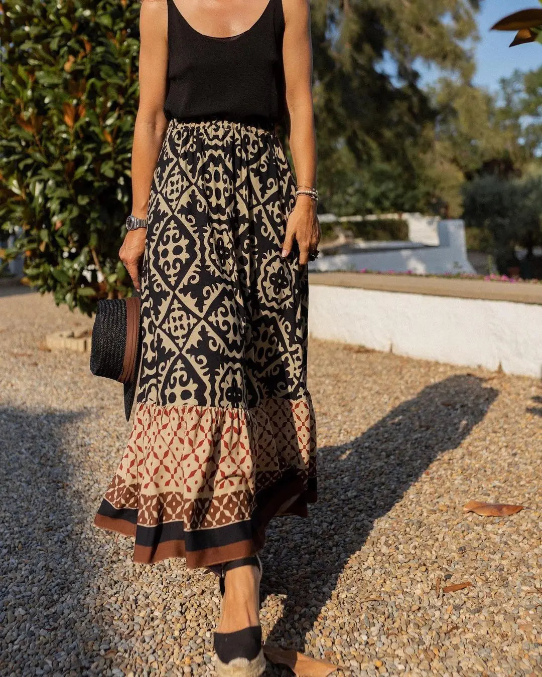 Summer Women's Half Skirt Vintage Pattern Print High Waist Loose Skirt Casual Ladies All-match A-Line Beach Long Skirts 2024