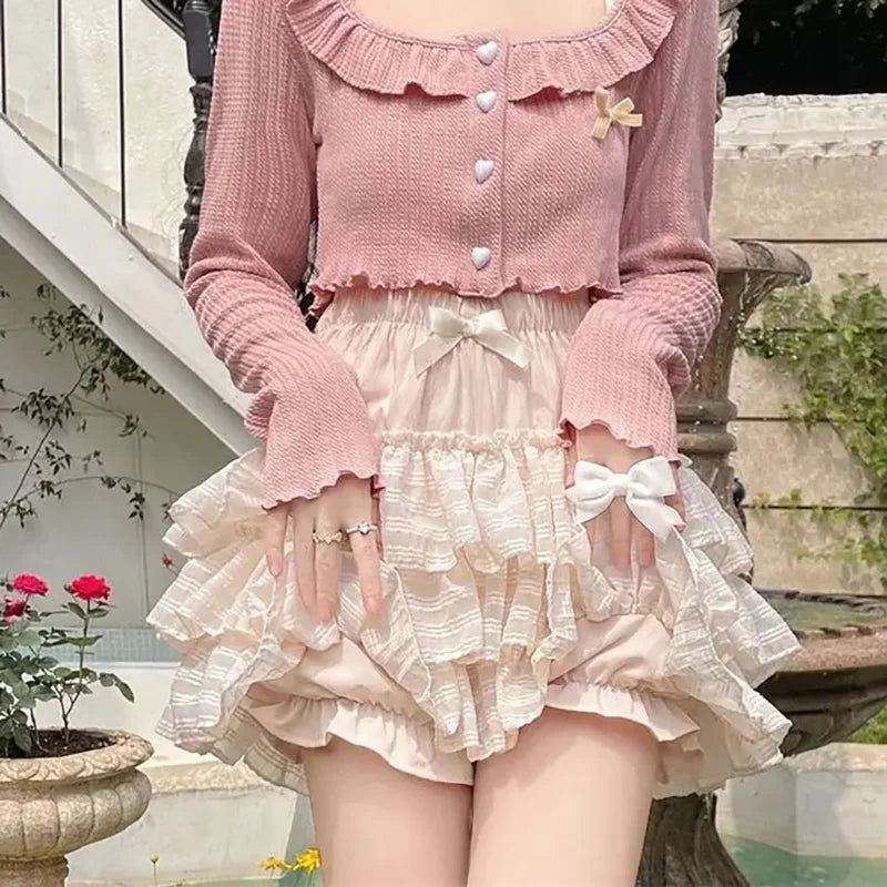 qgtao Kawaii Cute Ruffle Skirt Women Pink Lolita High Waist Lace Patchwork Fairycore Mesh A-line Mini Skirt Summer Mori Girl