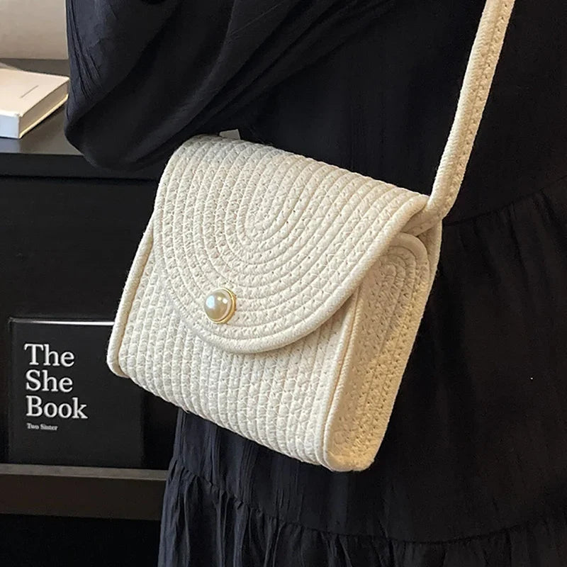 qgtao Summer New Straw Small Square Bag Fashion Pearl All-match Colorful Dot Crossbody Bag Women's Popular Braided Handmade Beach Bag