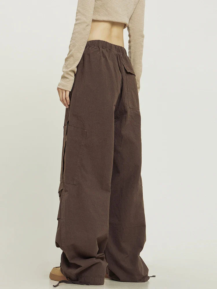 QWEEK Baggy Cargo Pants Women Oversize High Waist Vintage Folds Trousers Streetwear Multiple Pockets Drawstring Jogger Pants