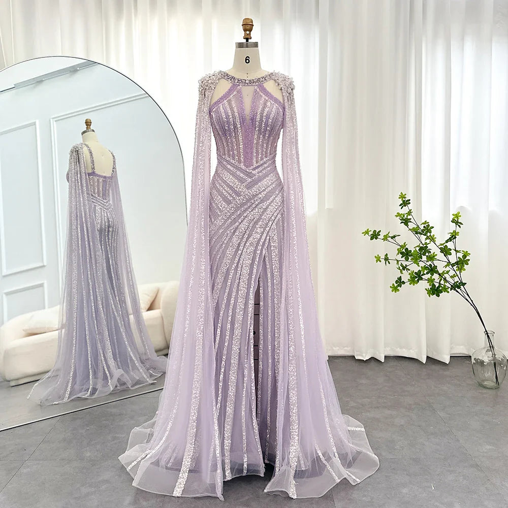 Luxury Crystal Dubai Yellow Evening Dress with Cape Sleeves Lilac Arabic Mermaid Women Wedding Party Gown